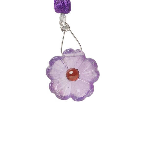 Amethyst / garnet 1pkg1, top-drilled hand-cut 1sided carved flower bead natural, 16mm image number 0