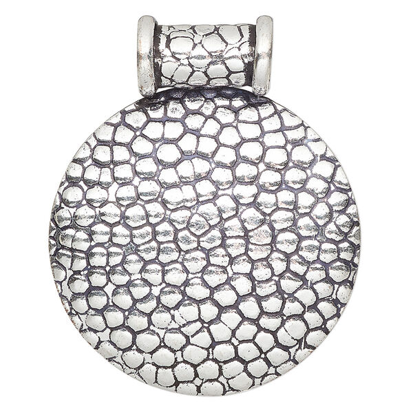 Pendant, antique silver-plated copper, 47x38mm round with textured cobblestone design and tube bail. Sold individually. image number 0