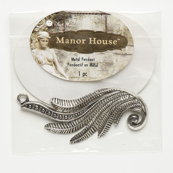 Focal, antique silver-finished "pewter" (zinc-based alloy), 55x30mm wing. Sold individually. image number 0