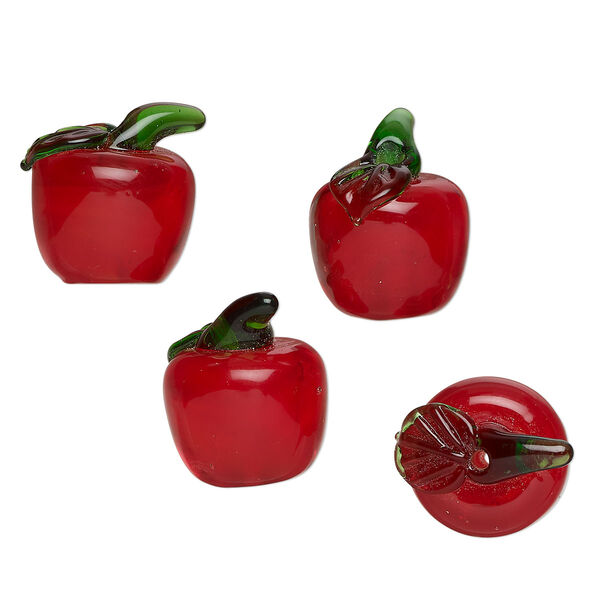Bead, lampworked glass, translucent red and green, 17x15mm apple. Sold per pkg of 4. image number 0