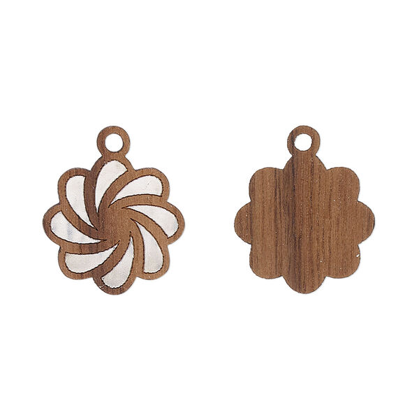 Drop, black walnut (natural) and aluminum foil, 15mm single-sided laser-cut flower. Sold per pkg of 2. image number 0