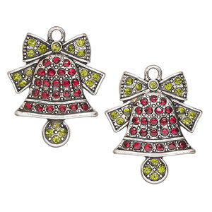Charm, antique silver-finished "pewter" (zinc-based alloy) and glass, red and green, 27x23mm single-sided Christmas bell. Sold per pkg of 2.