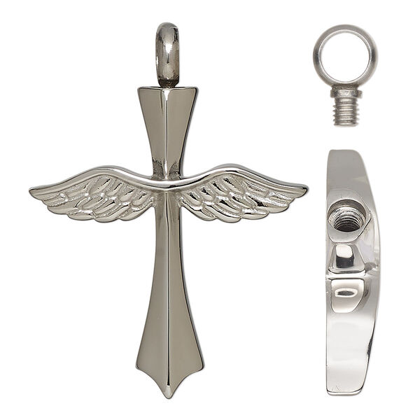 Pendant, stainless steel and silicone, black, 39x29mm cross with wings and watertight chamber. Sold individually. image number 0