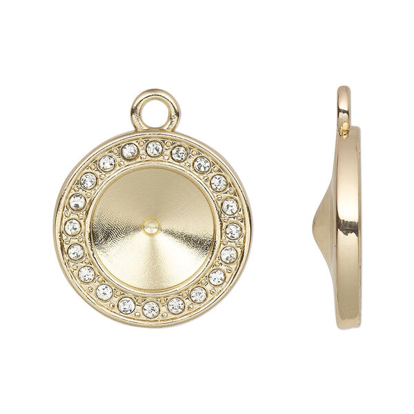 Drop, Almost Instant Jewelry®, cubic zirconia and gold-finished "pewter" (zinc-based alloy), clear, 18mm single-sided round with SS47 rivoli glue-in setting. Sold per pkg of 2. image number 0