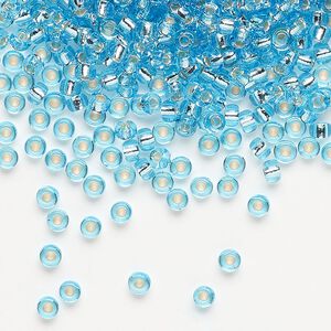 Seed bead, Miyuki, glass, pkg/50g, #8 rocaille, transparent silver-lined aqua blue, (RR-18).