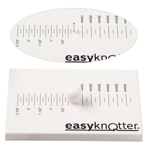 Cord knotter, easyknotter®, plastic and steel, white and black, 6 x 4 x 1/2 inch flat rectangle with 1/4 inch markings and 1/2 inch pin, includes protective knob for pin and instructions. Sold individually.