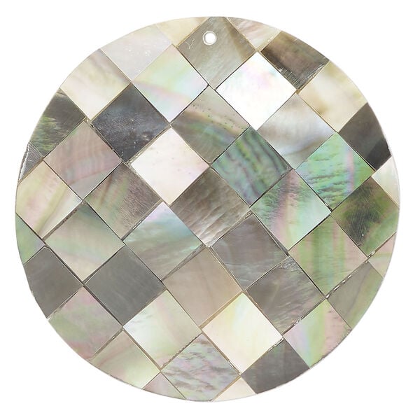 Focal, black lip shell and resin (assembled) 1pkg1, 43-45mm top-drilled 1sided flat round with checkerboard pattern. image number 0