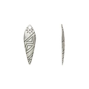 Drop, antique silver-plated steel, 21x7mm drop with tribal design. Sold per pkg of 100.