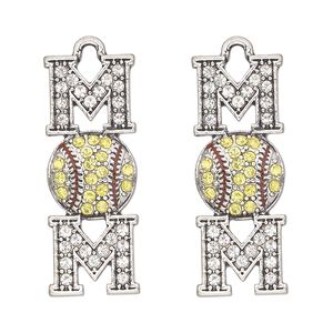 Focal, antique silver-finished "pewter" (zinc-based alloy) and glass, yellow / red / clear, 32x12mm single-sided mom and softball. Sold per pkg of 2.