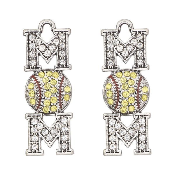 Focal, antique silver-finished "pewter" (zinc-based alloy) and glass, yellow / red / clear, 32x12mm single-sided mom and softball. Sold per pkg of 2. image number 0