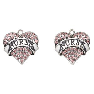 Charm, antique silver-finished enamel "pewter" (zinc-based alloy) and glass, pink and black, 24x23mm heart with "Nurse". Sold per pkg of 2.