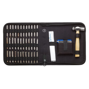 Stamp punch set 1pkg40, steel / wood / cloth, multicolored, alphabet letters A-Z / numbers 0-9 / "&" symbol / ball peen hammer / steel block.