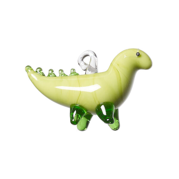 Focal, lampworked glass, light green / green /  black, 30x20mm 3D dinosaur. Sold individually. image number 0
