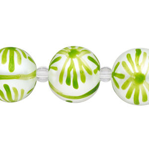 Bead, glass 1pkg8, opaque white and green, 16mm hand-painted round.