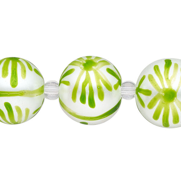 Bead, glass 1pkg8, opaque white and green, 16mm hand-painted round. image number 0