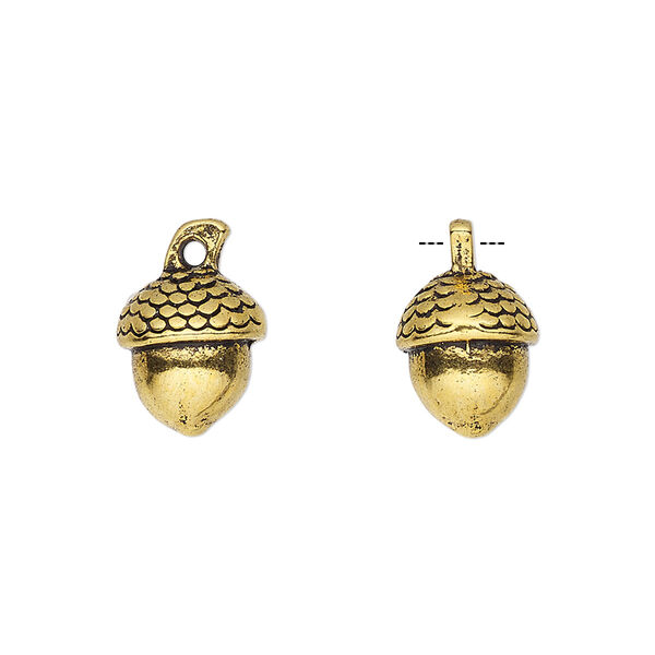 Charm, antique gold-finished "pewter" (zinc-based alloy), 11x10mm 3D acorn. Sold per pkg of 4. image number 0