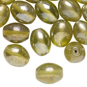 Bead, glass, translucent green luster, 13x10mm-14x11mm oval. Sold per pkg, 40 beads.