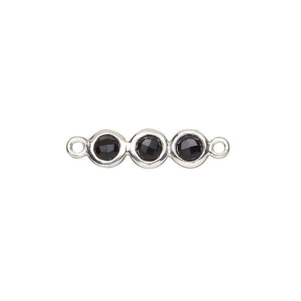 Link, sterling silver and black spinel (natural), 18x6mm double-sided overall with 6mm faceted round, Mohs hardness 8. Sold individually. image number 0