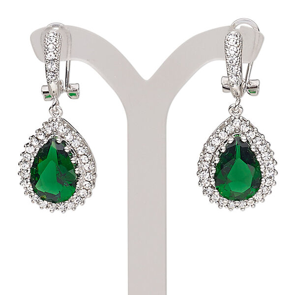 Earring, Austrian crystal rhinestone / glass / stainless steel / silver-plated brass, emerald green and clear, 36mm with teardrop with latch-back closure and post. Sold per pair. image number 0
