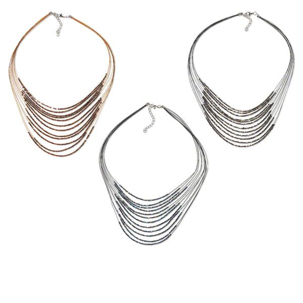 Necklace mix, glass / nylon / silver-finished steel, mixed colors, 16 inches with 2-1/2 inch extender chain and lobster claw clasp. Sold per pkg of 3. image number 0