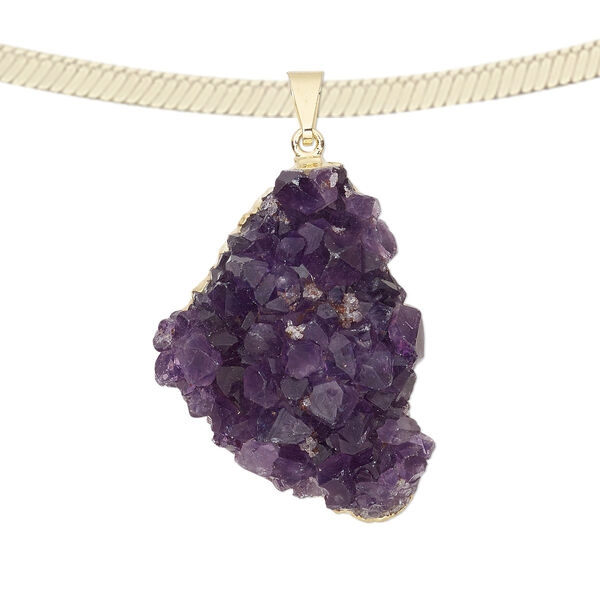 Pendant, druzy amethyst (natural) with gold-plated brass and copper, 48x24mm-42x35mm hand-cut freeform. Sold individually. image number 0