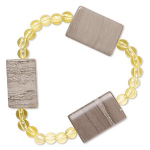Bracelet, stretch, grey and cream marble (natural) and acrylic, yellow, 5mm round and 25x15mm-26x18mm flat rectangle, 6-1/2 inches. Sold individually.