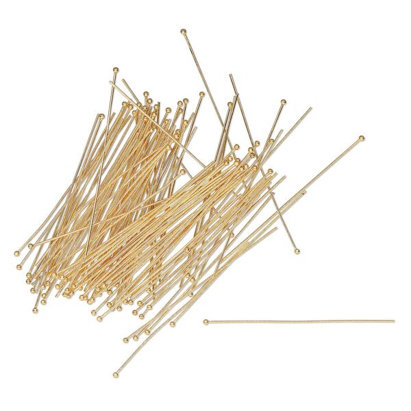 Head pin, gold-plated brass, 2 inches with 1.5mm ball, 23 gauge. Sold per pkg of 100. image number 0