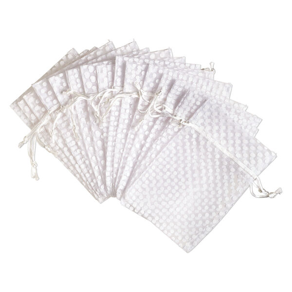Pouch, organza, white, 6x4 inches with dots pattern and drawstring closure. Sold per pkg of 12. image number 0