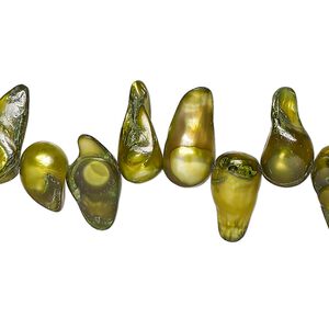 Pearl, cultured freshwater (dyed), moss green, 7x5mm-14x8mm baroque with 0.4mm hole, D grade. Sold per 15-inch strand.