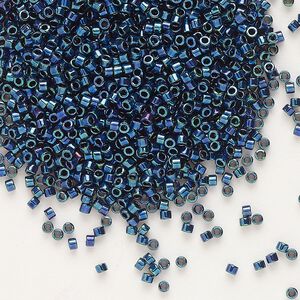 Seed bead, Delica®, glass, pkg/50g, #11 round, opaque metallic gold iris royal purple (DB-1005).