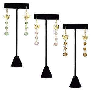 Earring, glass / gold-finished steel / brass, assorted colors, 3 inches with butterflies and fishhook ear wire. Sold per pkg of 3 pairs.