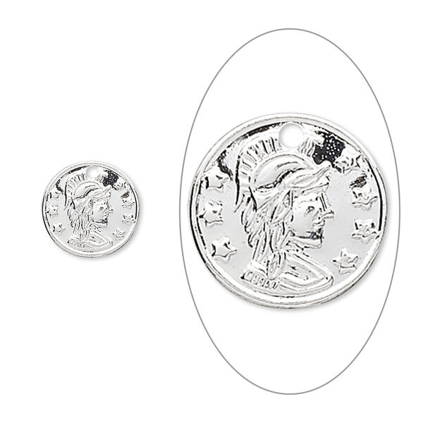 Charm, silver-plated brass, 10mm Roman coin replica. Sold per pkg of 50. image number 0