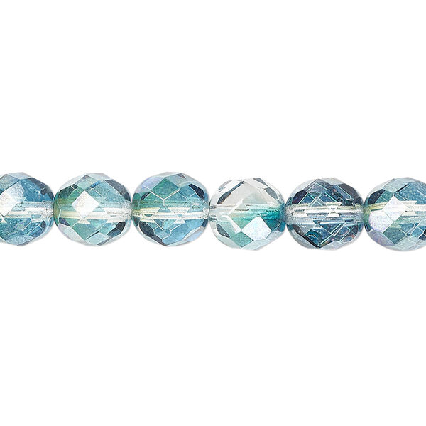 Bead 1pkg50 Czech fire-polished glass, 8mm faceted round, half-coated luster translucent green / teal image number 0