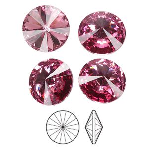 Chaton, Preciosa MAXIMA Czech crystal rhinestone, rose, foil back, 14mm faceted rivoli. Sold per pkg of 144 (1 gross).