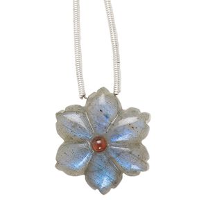 Labradorite / garnet 1pkg1, hand-cut top-drilled double-sided carved flower bead natural 20mm