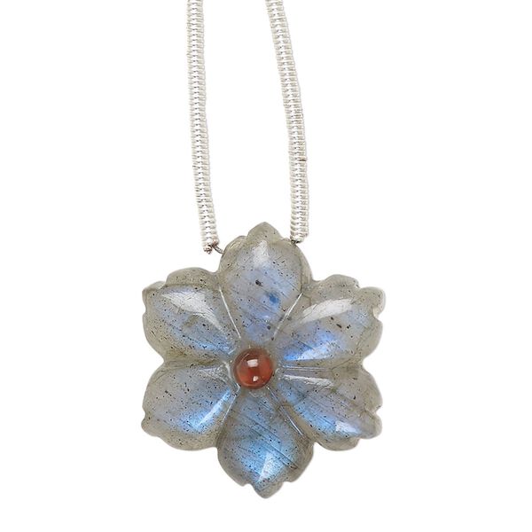 Labradorite / garnet 1pkg1, hand-cut top-drilled double-sided carved flower bead natural 20mm image number 0