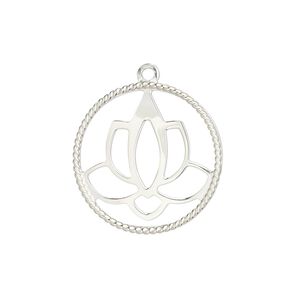 Charm, sterling silver, 22mm single-sided round with rope edge and cutout lotus design. Sold individually.