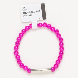 Bracelet, stretch, silver-finished brass and glass, fuchsia, 6mm round and 25x5m round tube with bottom loop, 6-1/2 inches. Sold individually.