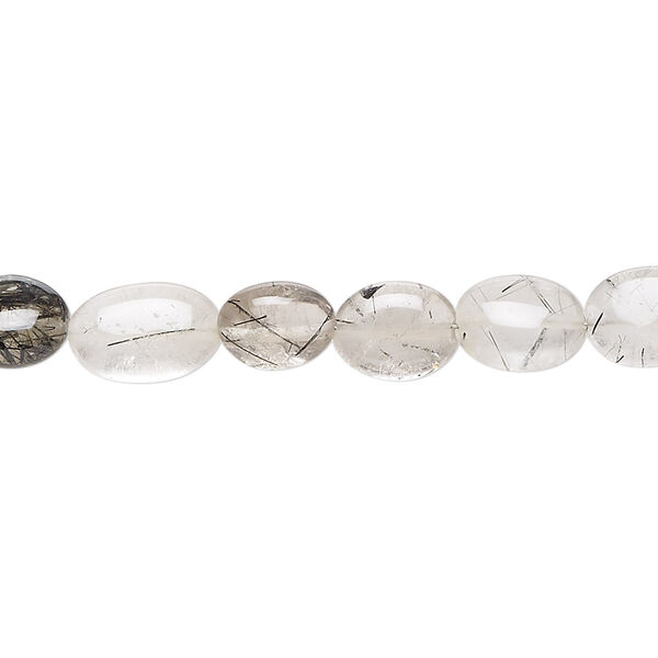 Bead, tourmalinated quartz (natural), 6mm-10x7mm hand-cut puffed oval with 0.4-1mm hole, B grade, Mohs hardness 7. Sold per 15-1/2" to 16" strand. image number 0