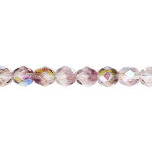 Bead, Czech fire-polished glass, two-tone, crystal/amethyst purple AB, 6mm faceted round. Sold per 15-1/2" to 16" strand.