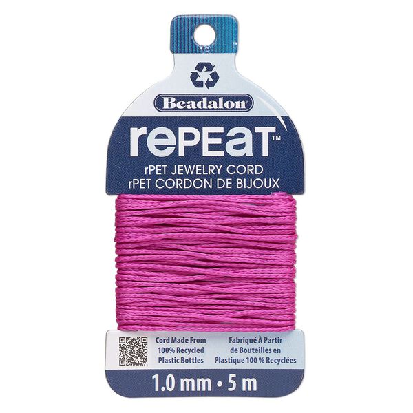 Cord, Beadalon® RePEaT™, recycled polyethylene, fuchsia, 1mm, 100-pound test. Sold per 5-meter card. image number 0