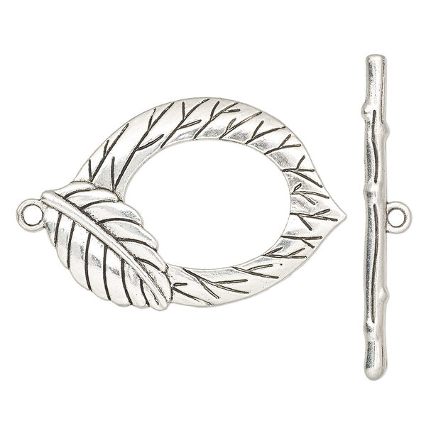 Clasp, toggle, antique silver-finished "pewter" (zinc-based alloy), 50.5x34.5mm oval with leaf and stick design. Sold individually. image number 0