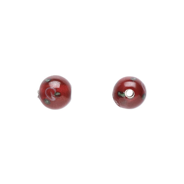 Bead, Czech lampworked glass, opaque red / pink / green, 6-7mm round with flower design. Sold per pkg of 10. image number 0