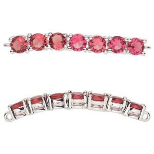 Focal, cubic zirconia and silver-plated brass, fuchsia, 40x5mm curved rectangle. Sold individually.