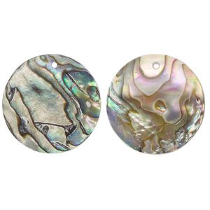 Drop, paua shell (natural), 20mm flat round. Sold per pkg of 2.