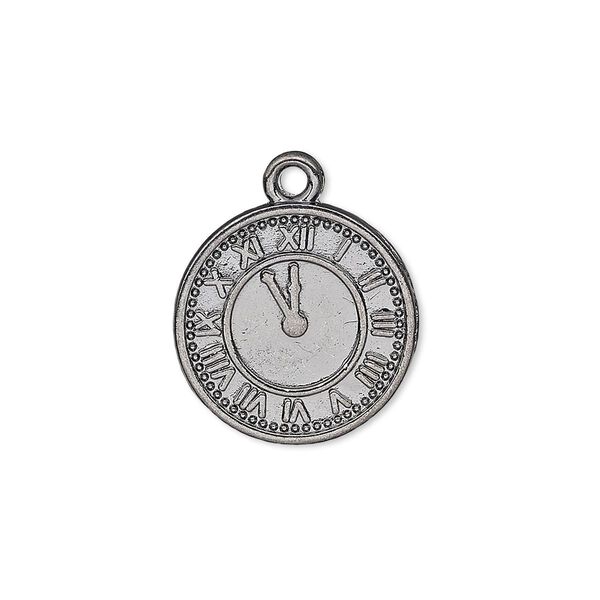 Charm, gunmetal-plated "pewter" (zinc-based alloy), 18mm single-sided clock face with Roman numerals. Sold per pkg of 10. image number 0