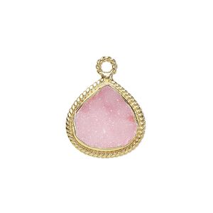 Drop, druzy agate (dyed) and gold-plated sterling silver, pink, 16x16mm-18x17mm hand-cut single-sided teardrop with twisted wire design. Sold individually.