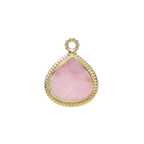 Drop, druzy agate (dyed) and gold-plated sterling silver, pink, 16x16mm-18x17mm hand-cut single-sided teardrop with twisted wire design. Sold individually. image number 0