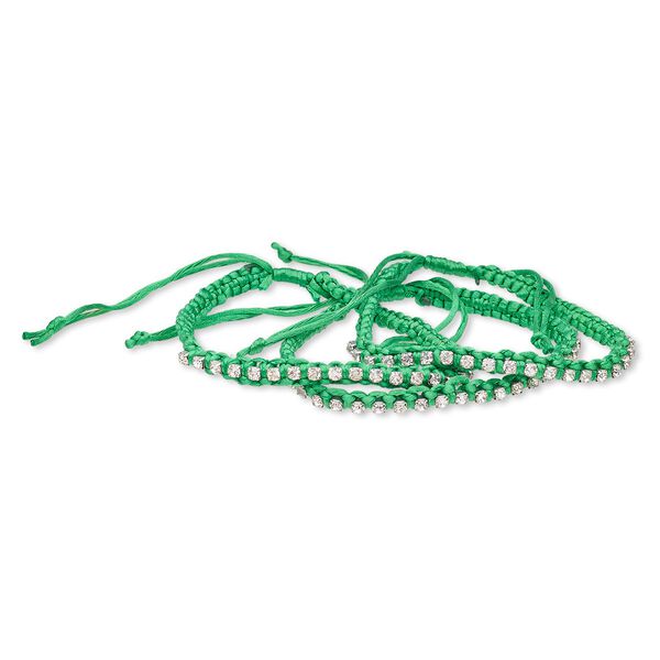Bracelet, glass rhinestone / nylon / silver-plated brass, green and clear, 6mm wide with cupchain, adjustable 7-1/2 to 9-1/2 inches with wrapped knot closure. Sold per pkg of 3. image number 0