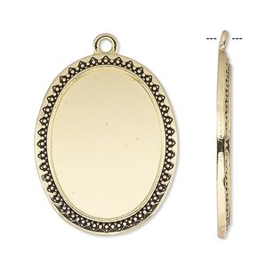 Focal, antique gold-finished "pewter" (zinc-based alloy), 31x24mm oval with beaded and triangle edge with 25x18mm oval setting. Sold per pkg of 6.